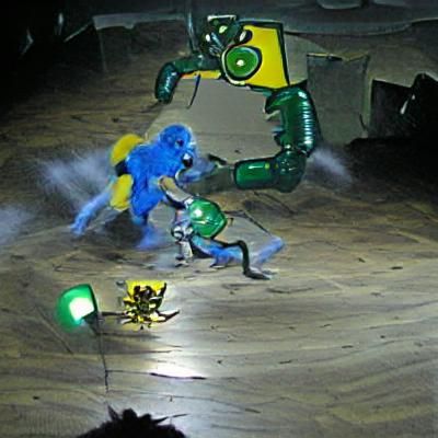 Cyberpunk Metal Robot Battles a Mysterious Green Warrior