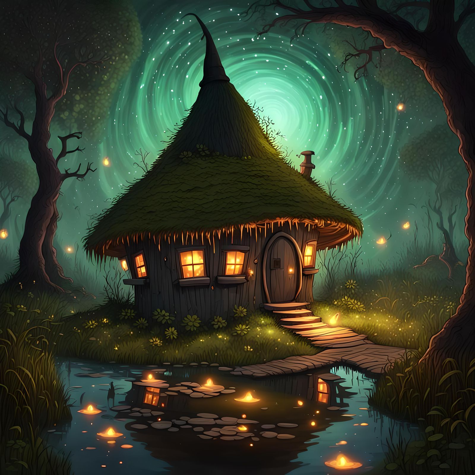 Whimsical Nighttime Scene in an Enchanted Swamp Style