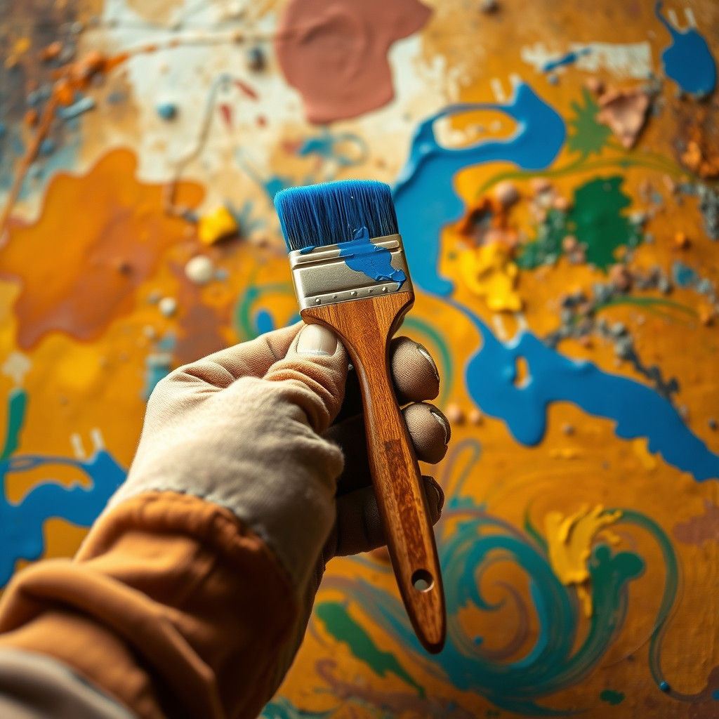 Painter's Hand Cradles Vibrant Paintbrush Among Earthy Palet...
