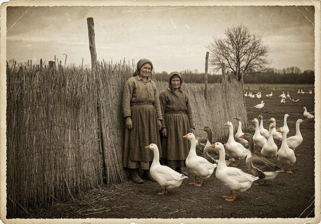 Vintage Sepia Photo of Peasant Women with Geese
