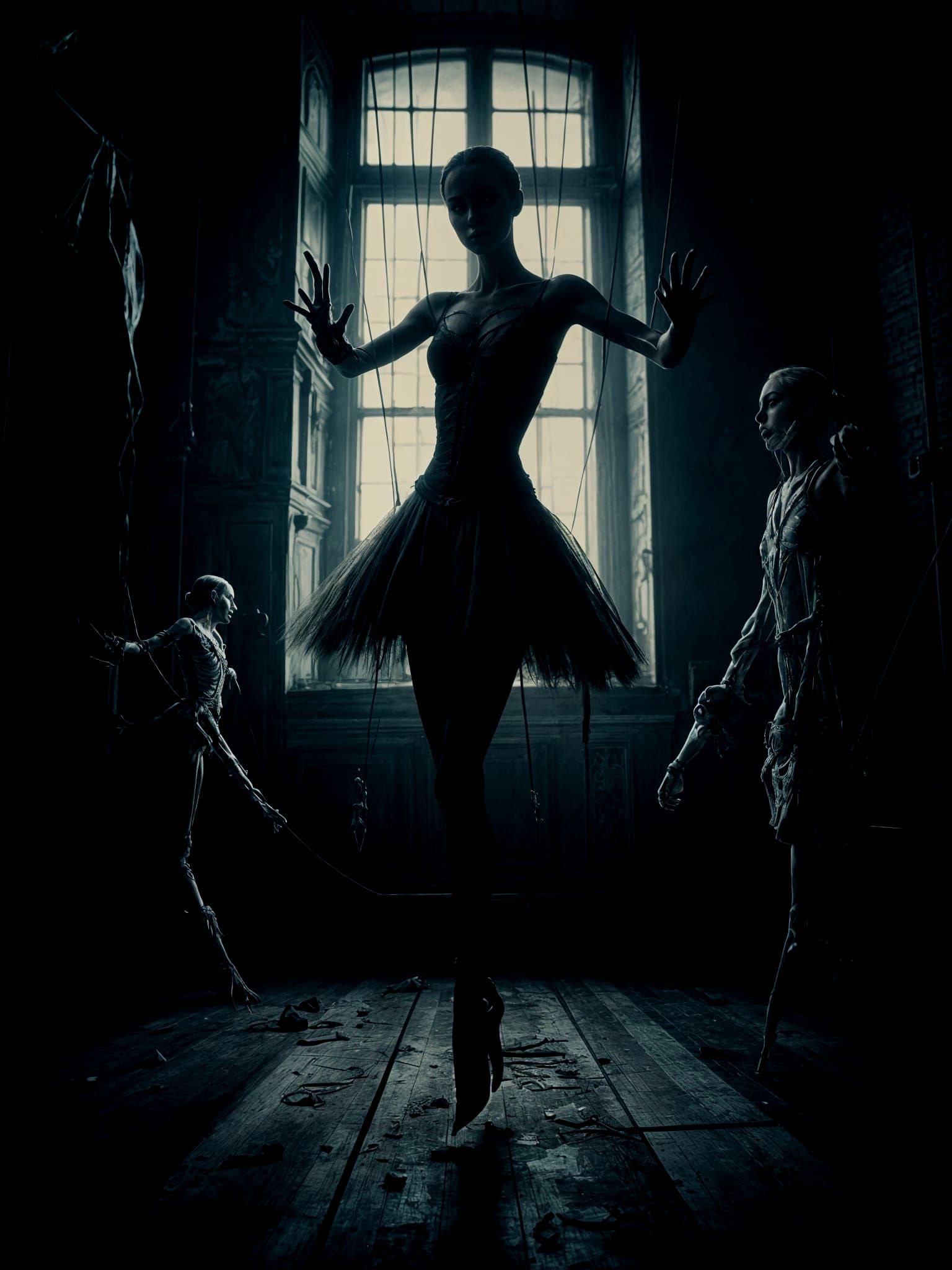 Macabre Ballerina Marionette in Abandoned Opera House