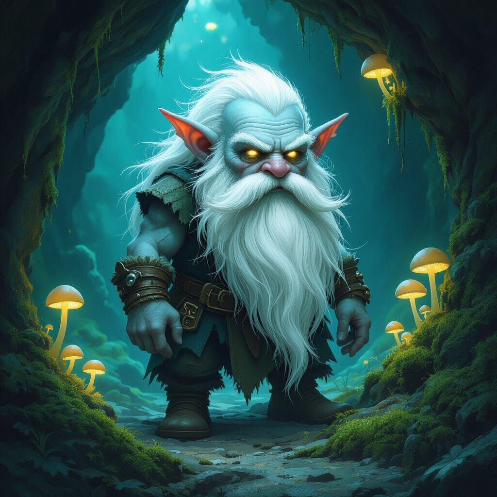 Albino Goblin Dwarf in Glowing Mushroom Cave