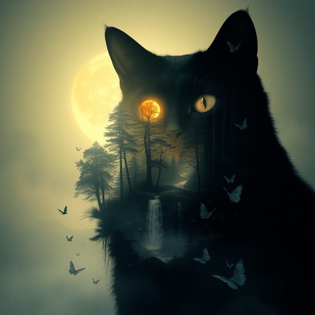 Surreal Double-Exposure Masterpiece: Mysterious Cat Amidst L...