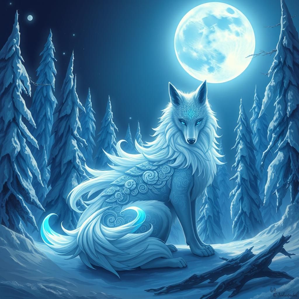 Mystical Frost Kitsune in a Crystal Forest