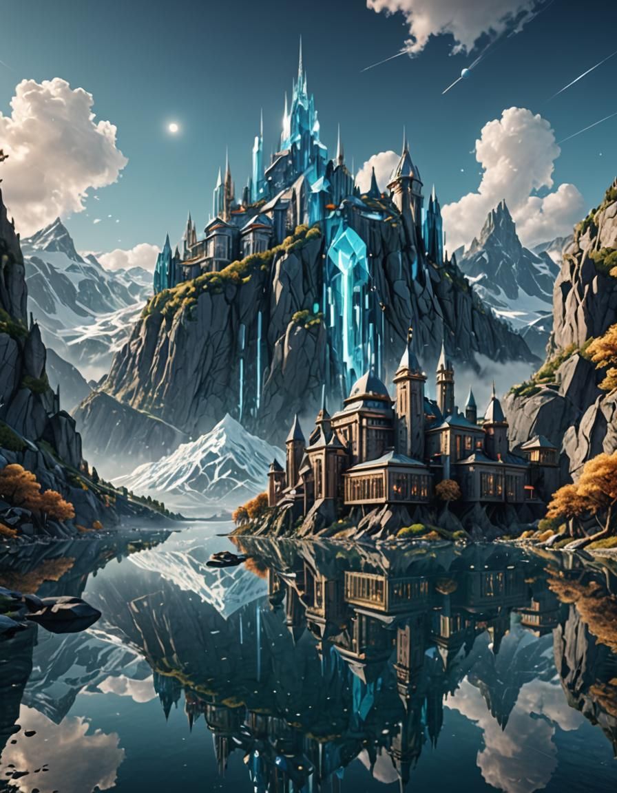 Crystal City Shimmers on a Futuristic Mountain Lake