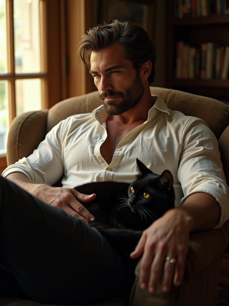 Chiseled Hero Sits Serenely with Feline Companion