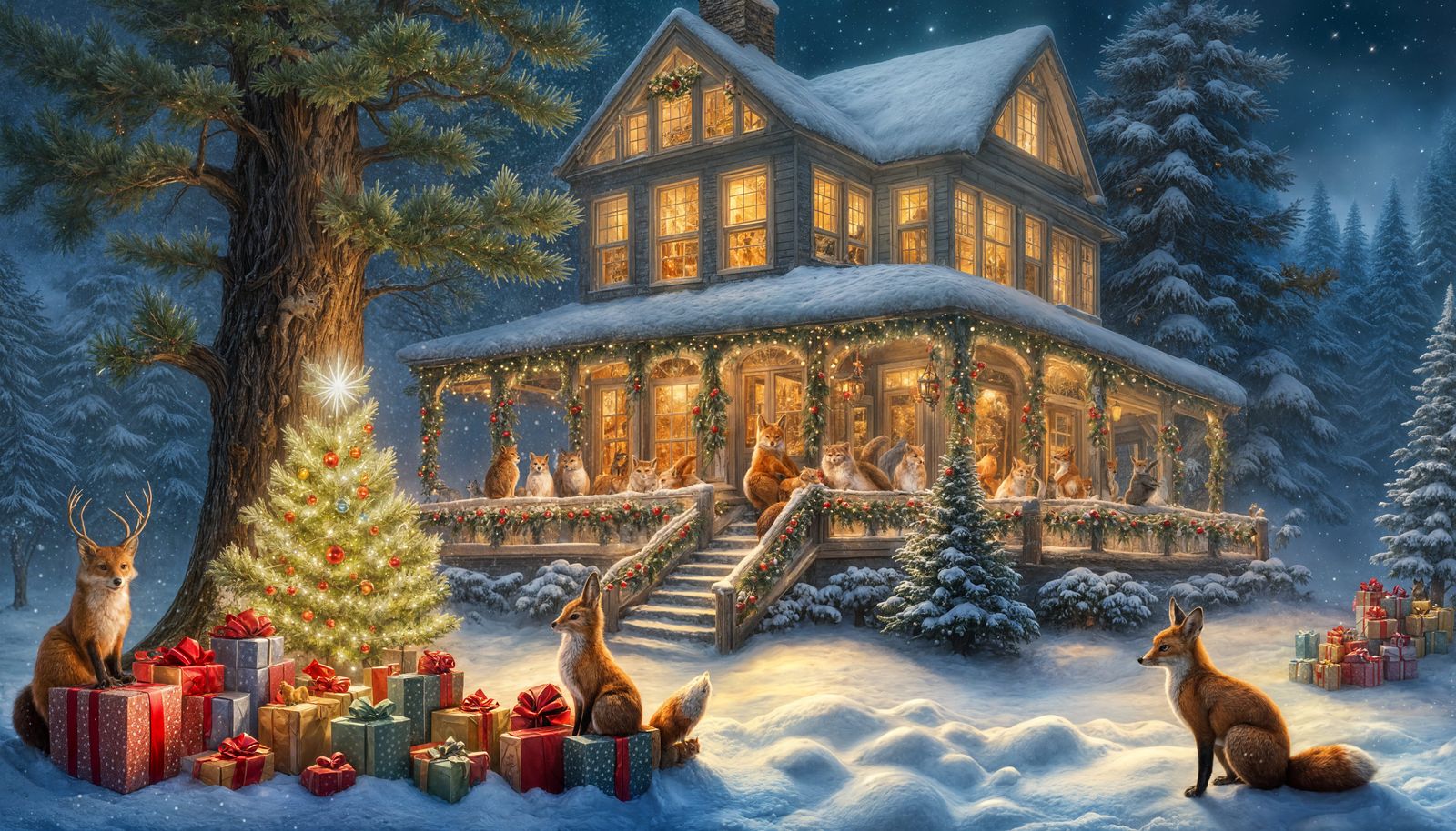 Wintery Woodland Christmas Gathering in Thomas Kinkade Style