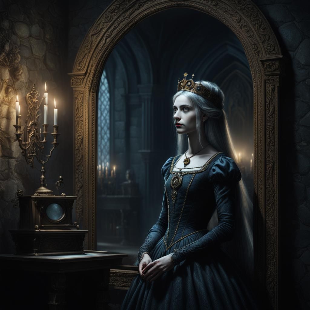 Gothic Princess Confronts Dark Reflection in Ancient Castle
