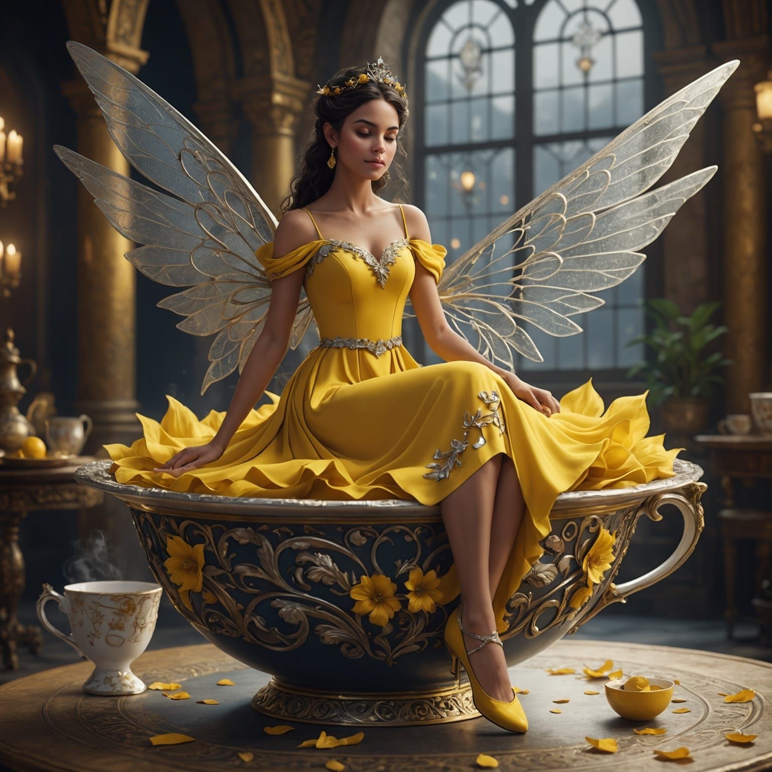 A Sleeping Fairy in a Vibrant Tropical Teacup Scene