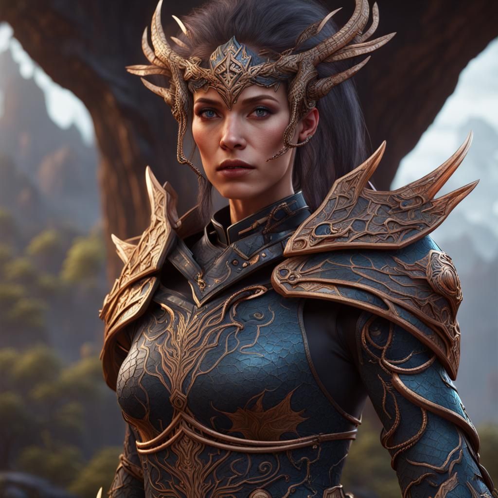 Fantastical Fem Warrior with Ouroboros and Yggdrasil Armor i...