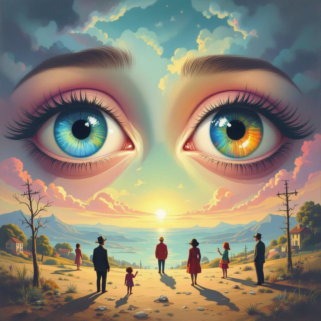 Surreal Eyes Observe Comical Figures in Dreamlike Landscape