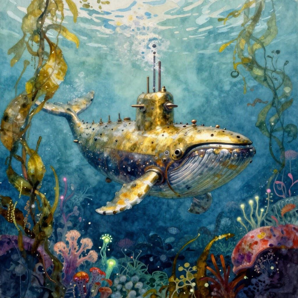 Brass Mechanical Whale Submarine in Deep Ocean