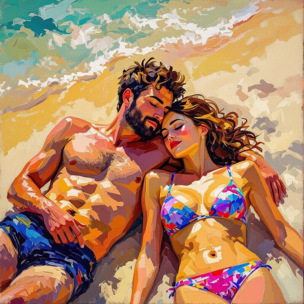 Couple Relaxing on Beach in Impressionist Style