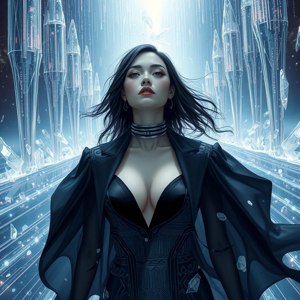 Cybernetic Woman in Ethereal Digital World