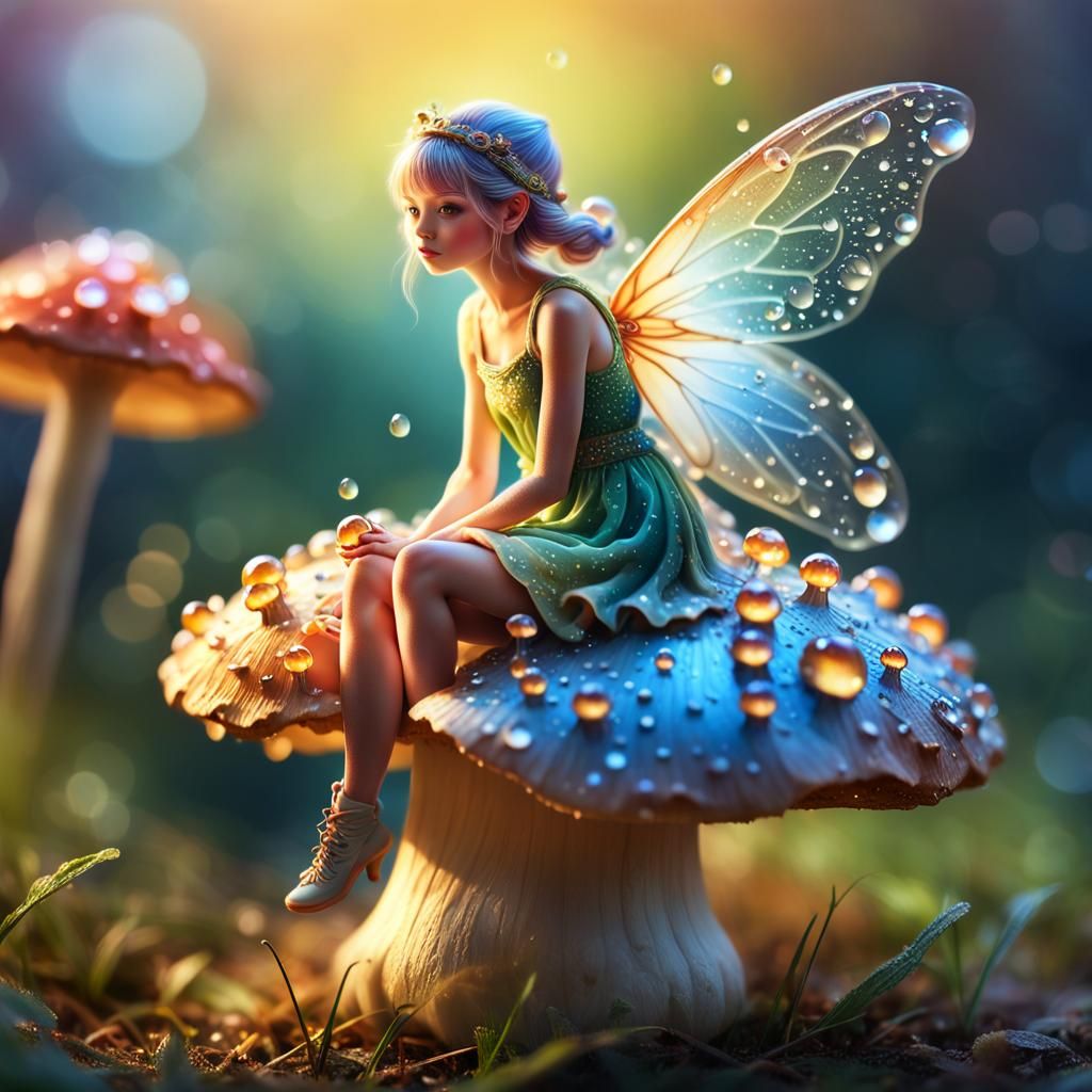 Whimsical Fairy Amidst Dew-Kissed Mushroom