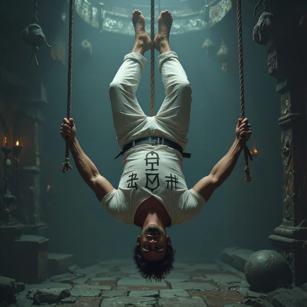 Mystical Hanging Man with Carved Symbols