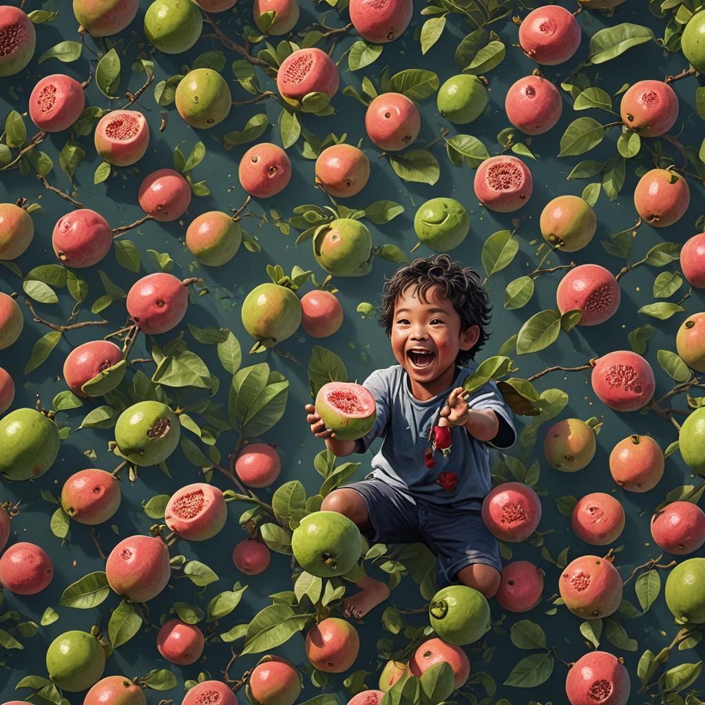 Child in Wonder with Guava Fruit in Vibrant Fantasy Scene