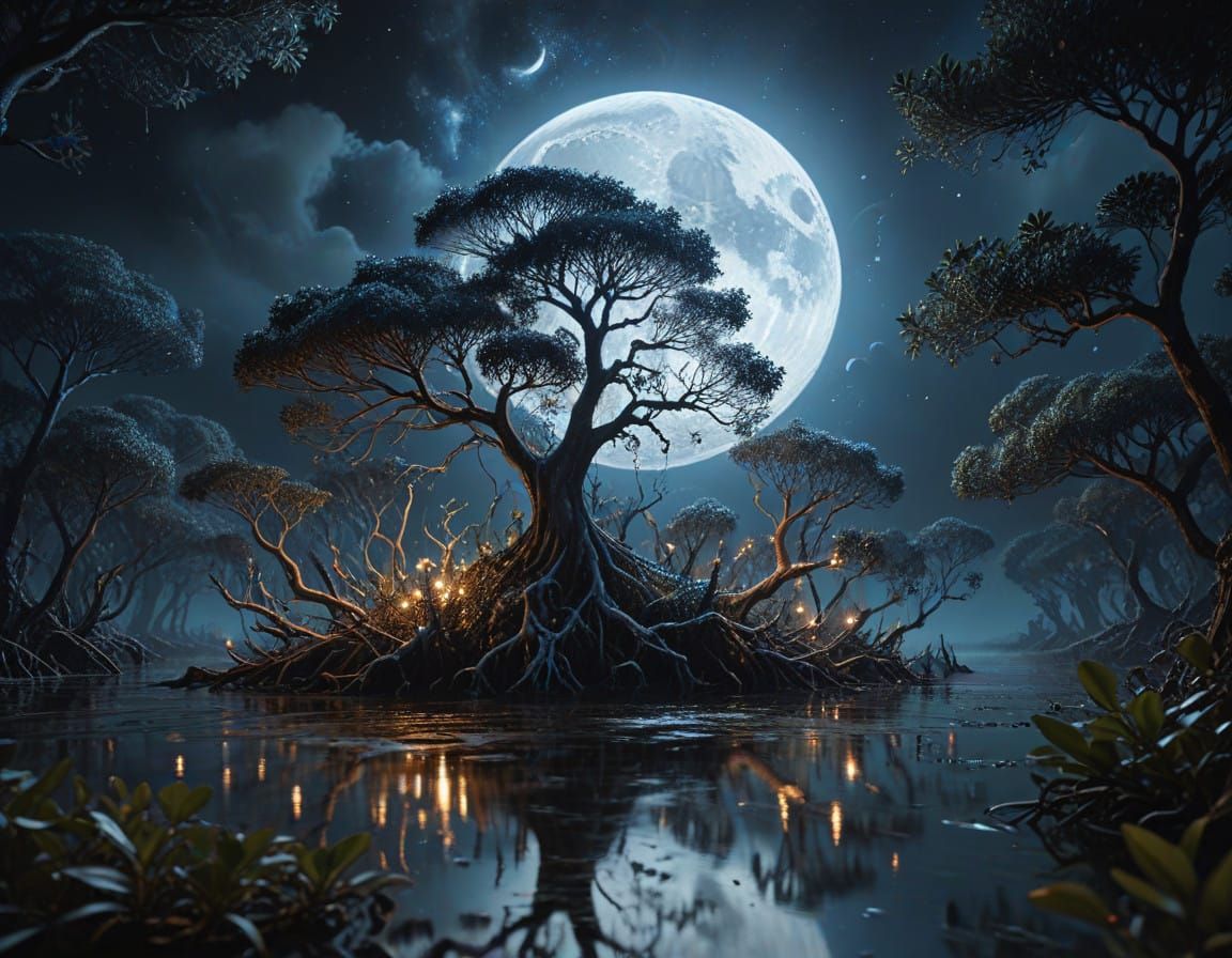 Ethereal Mangrove Metropolis in Cosmic Harmony