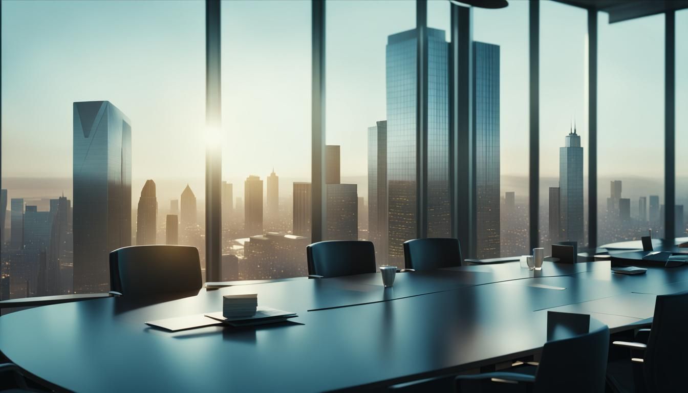 Epic Digital Office Scene with Golden Hour Glow