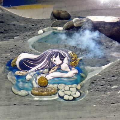 Mystical Lunar Goddess in Serene Hot Springs