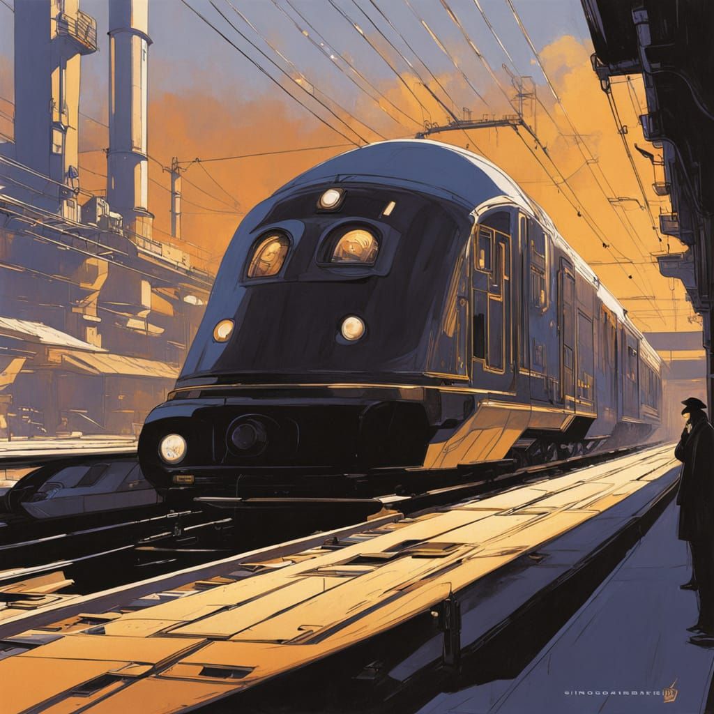 Woman in Flowing Coat Boards an Old-Fashioned Train at Sunse...