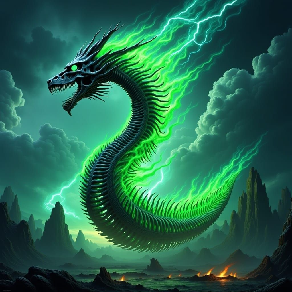 Cyberpunk-Inspired Digital Painting of Dragon Skeleton Emerg...