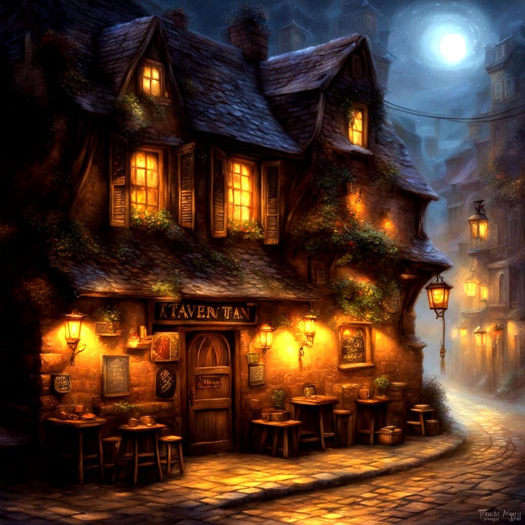 Rustic Tavern at Night in Ethereal Mist