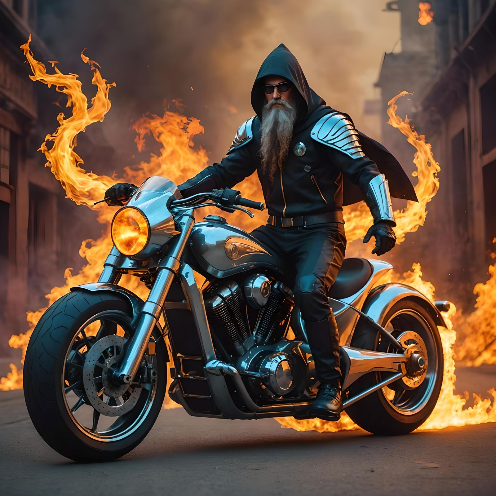 Futuristic Wizard Rides Burning Motorcycle Against Blazing B...