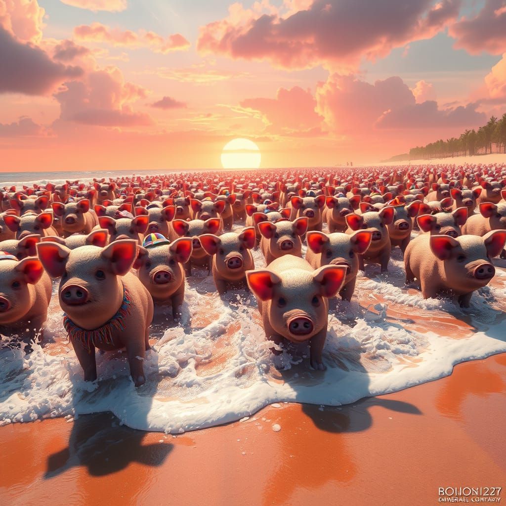 Vibrant Beach Scene with Fantasy Pigs in Dreamlike Atmospher...