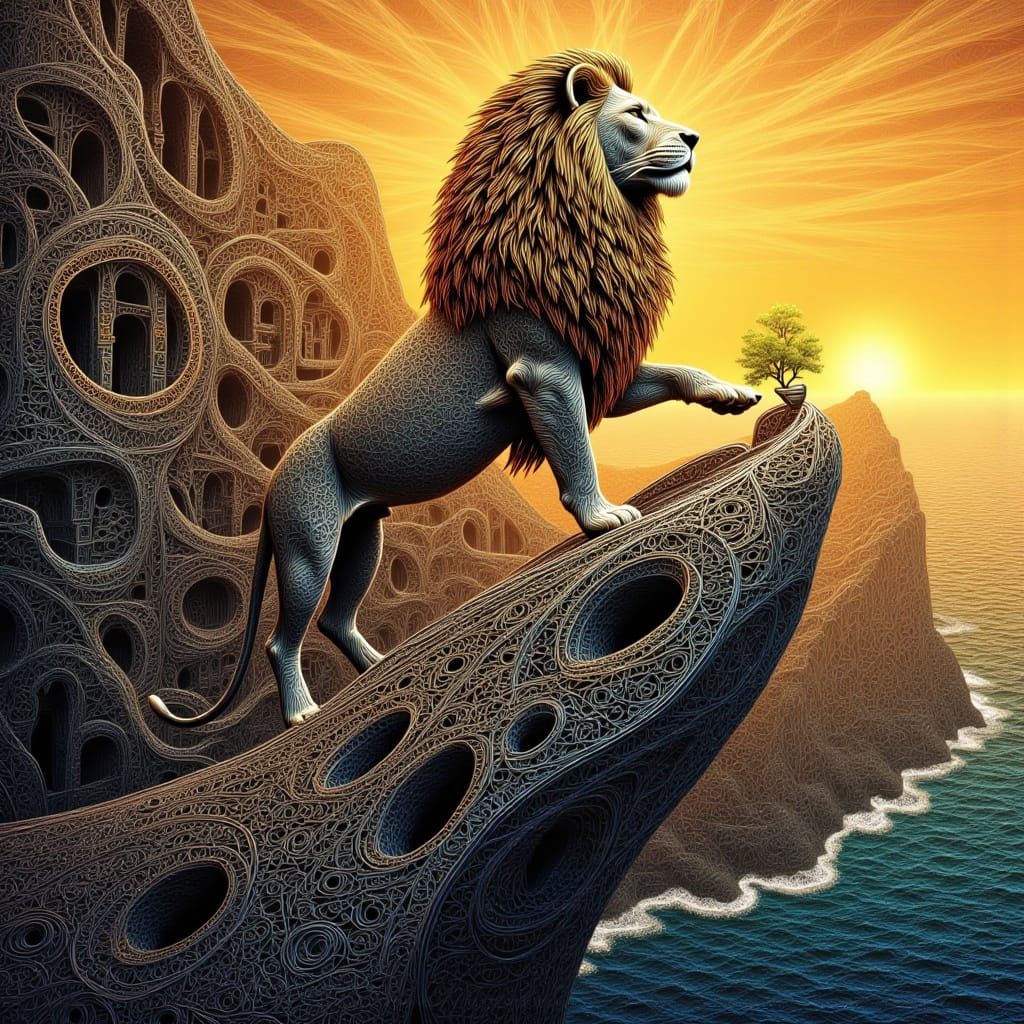 Majestic Lion on Filigree Mountain in Golden Hour Light