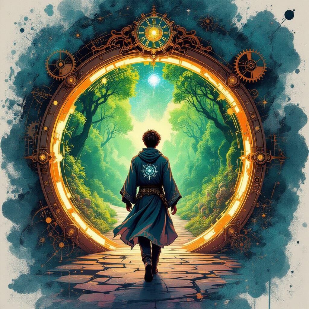 Man Enters Cosmic Portal to Lush Forest Paradise