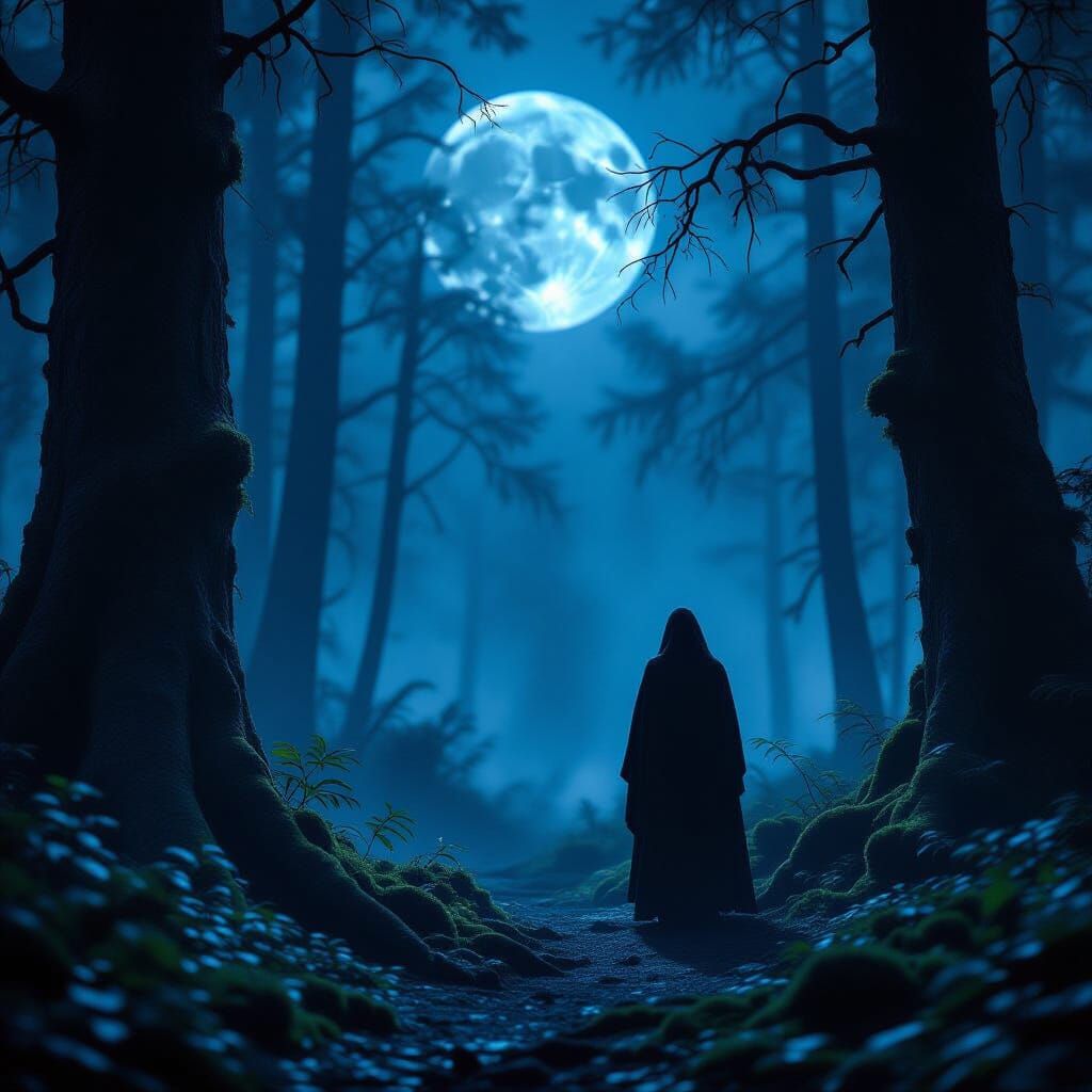 Moonlit Forest Figure: Ancient Rituals and Ethereal Glow