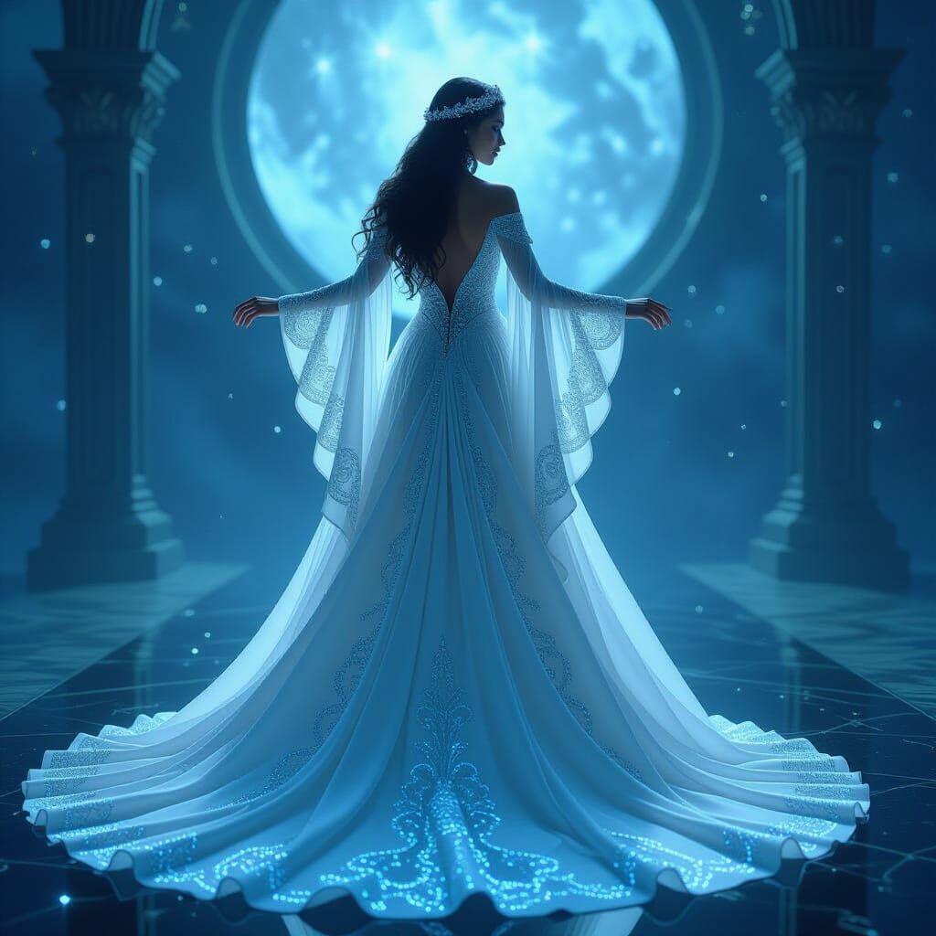 Celestial Goddess in Ethereal Gown with Glowing Patterns
