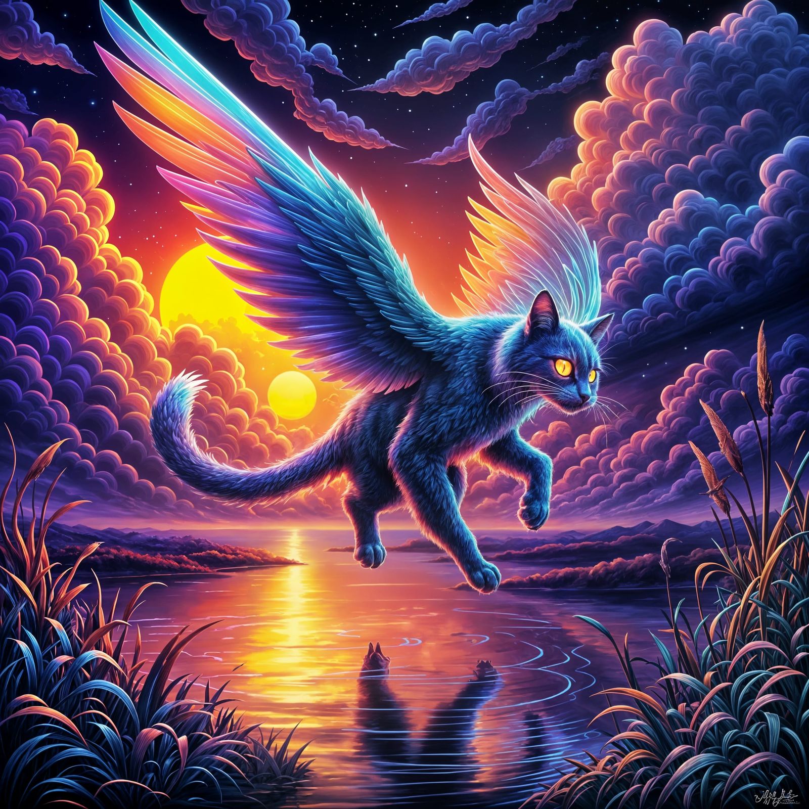 Neon Catbird Hunting at Sunset in Art Deco Style