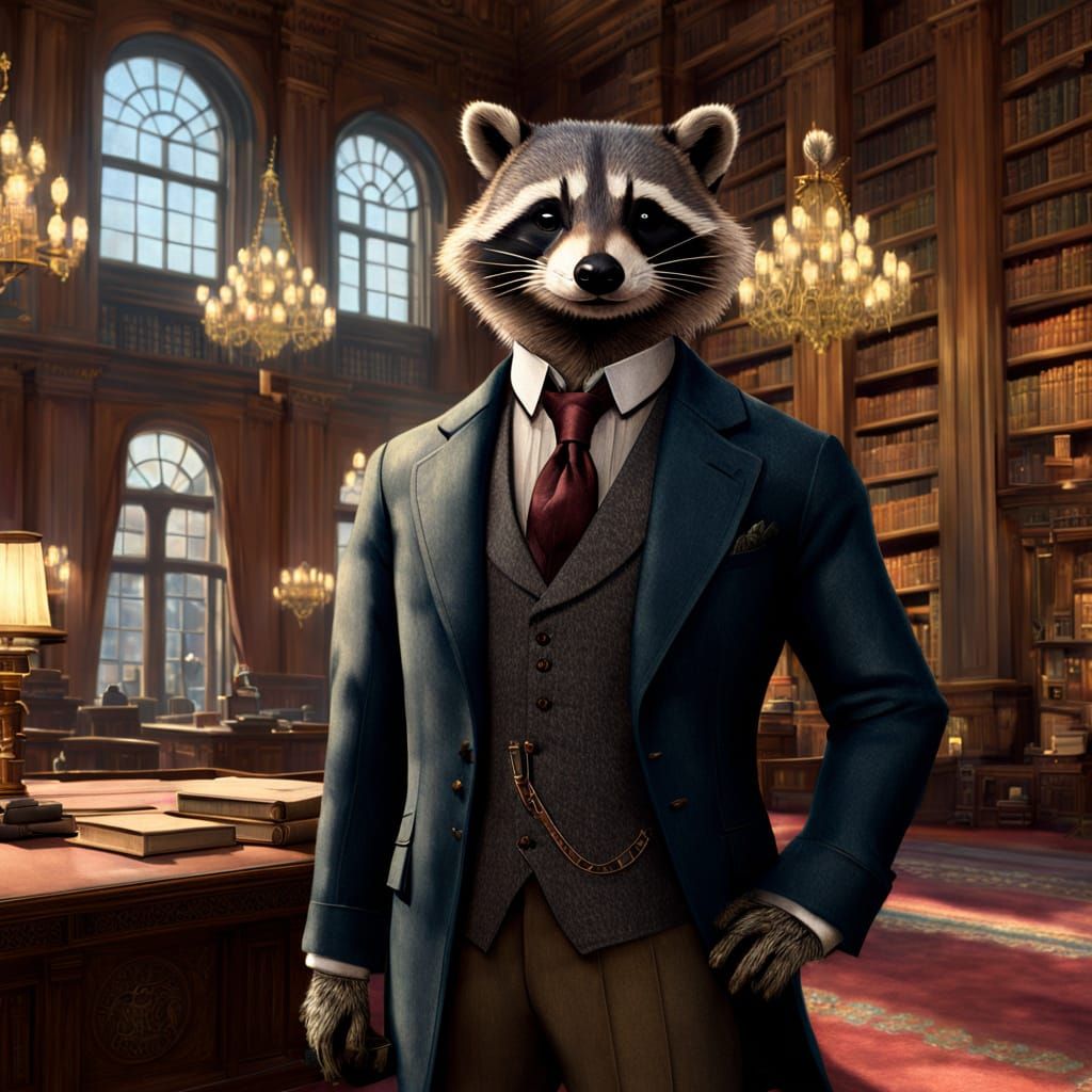 Raccoon Gentleman in Library, Storybook Illustration