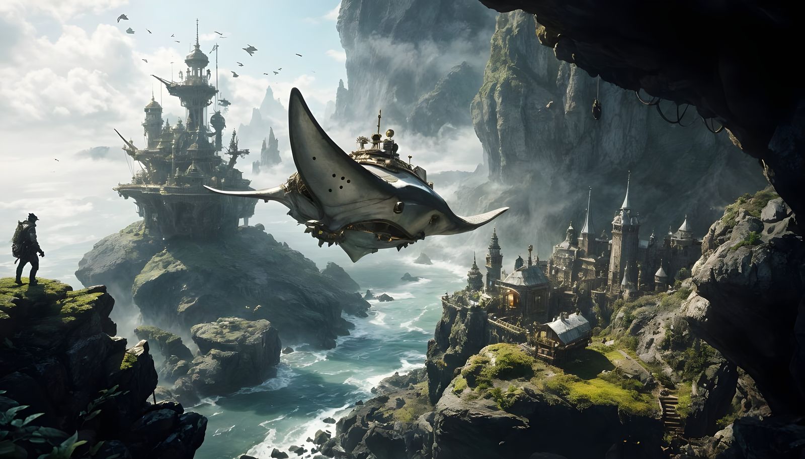 Steampunk Stingray soars above a mystical cityscape