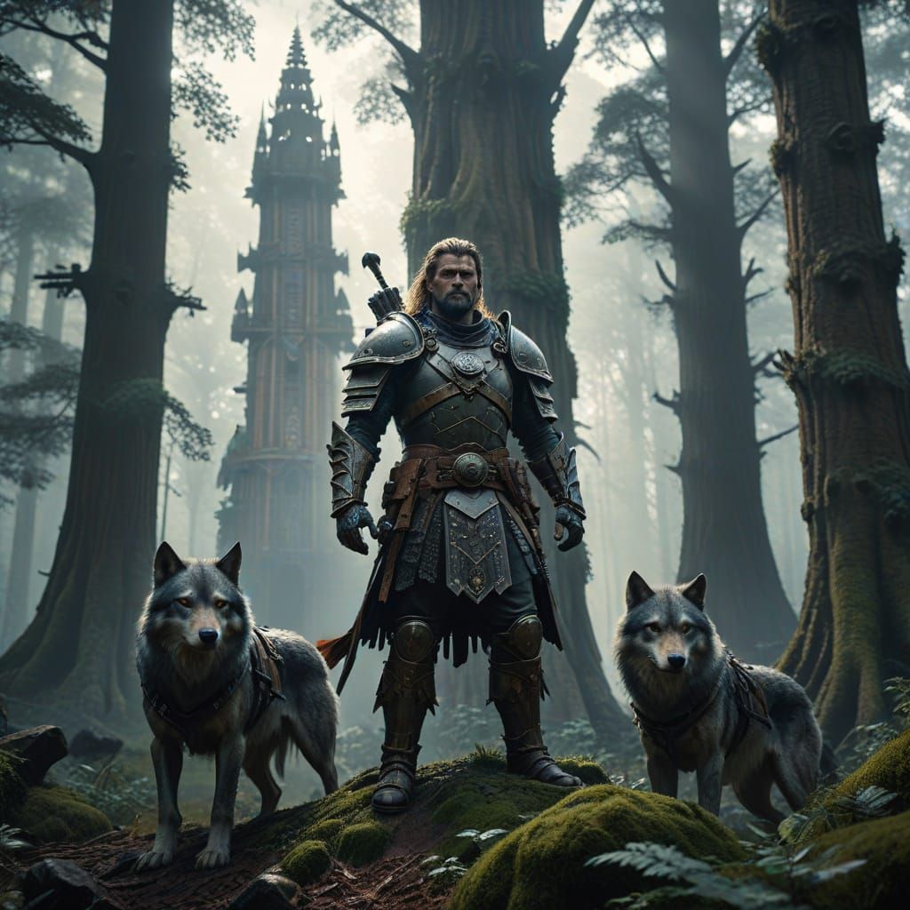 Steampunk Warrior with Wolves in Ancient Forest
