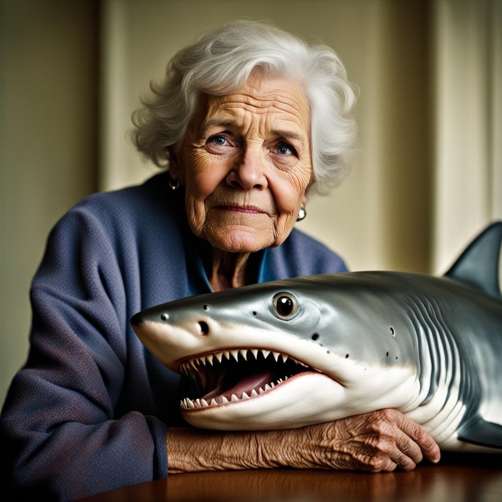 Elderly Woman with Pet Shark in Intimate Portrait