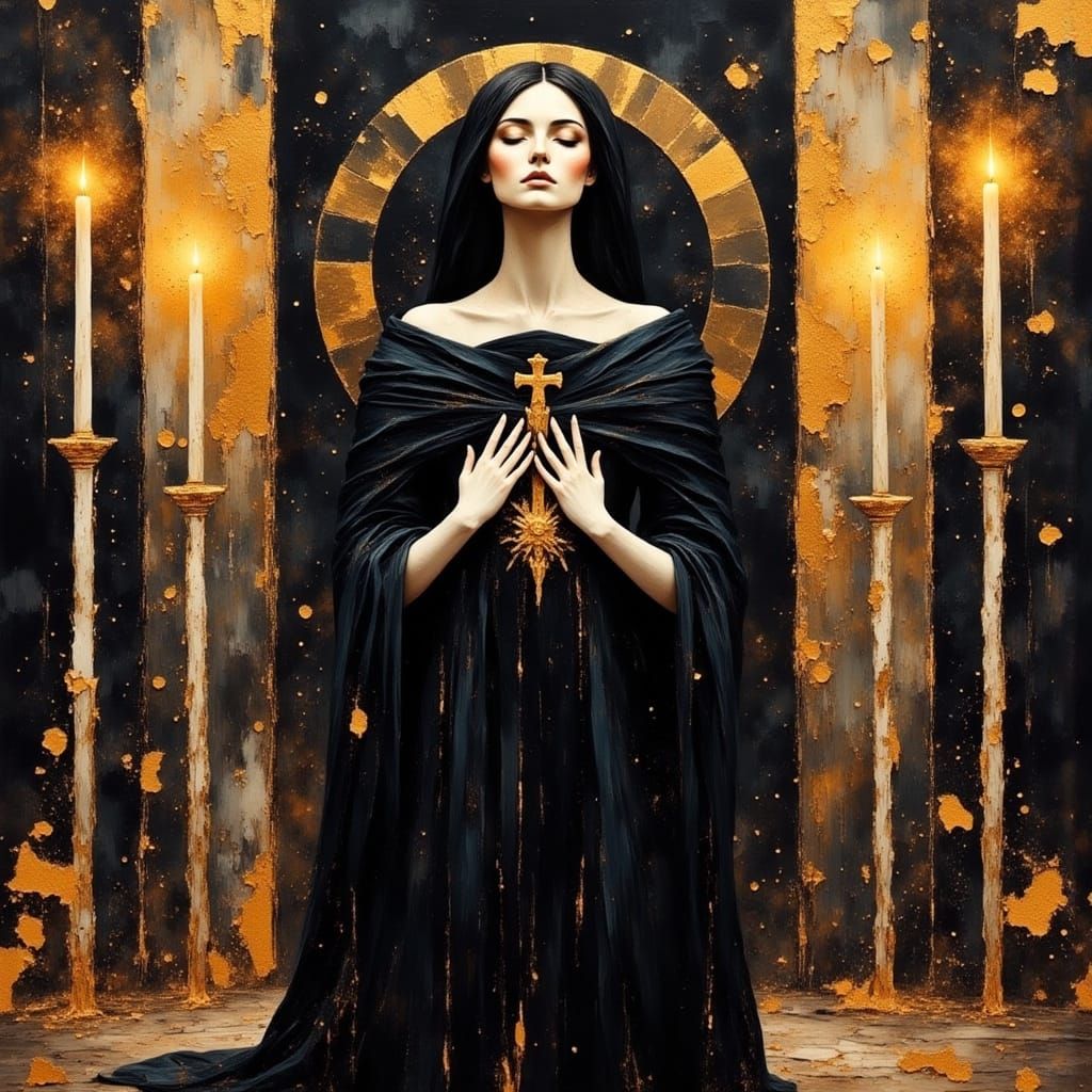 A Priestess Surrounded by Mystery and Shadow in a Grungy Div...