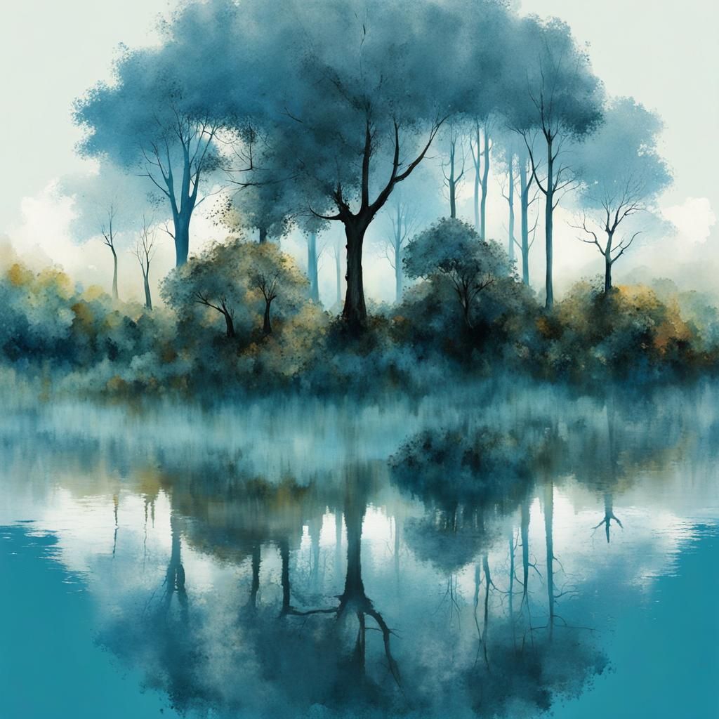 Surrealistic Lake Reflections in Art Brut Style