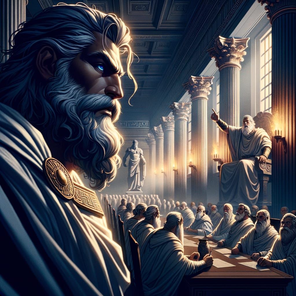 Epic Warrior King in Council of Elders, Greek Columns and Dr...