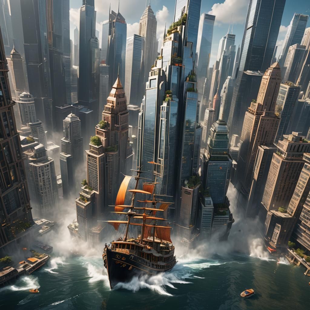 Surreal Cityscape on Majestic Boat in Ultra Realistic 8K