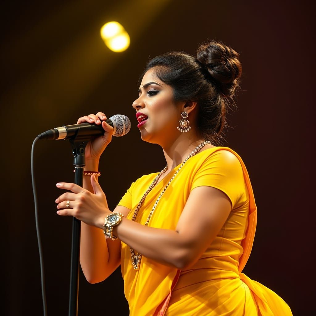 Indian Woman Sings on Stage in Yellow Dress