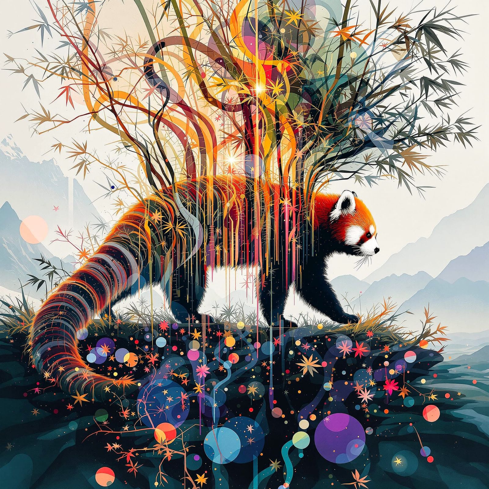 Red Panda Silhouette Filled with Fractal Bamboo Streams