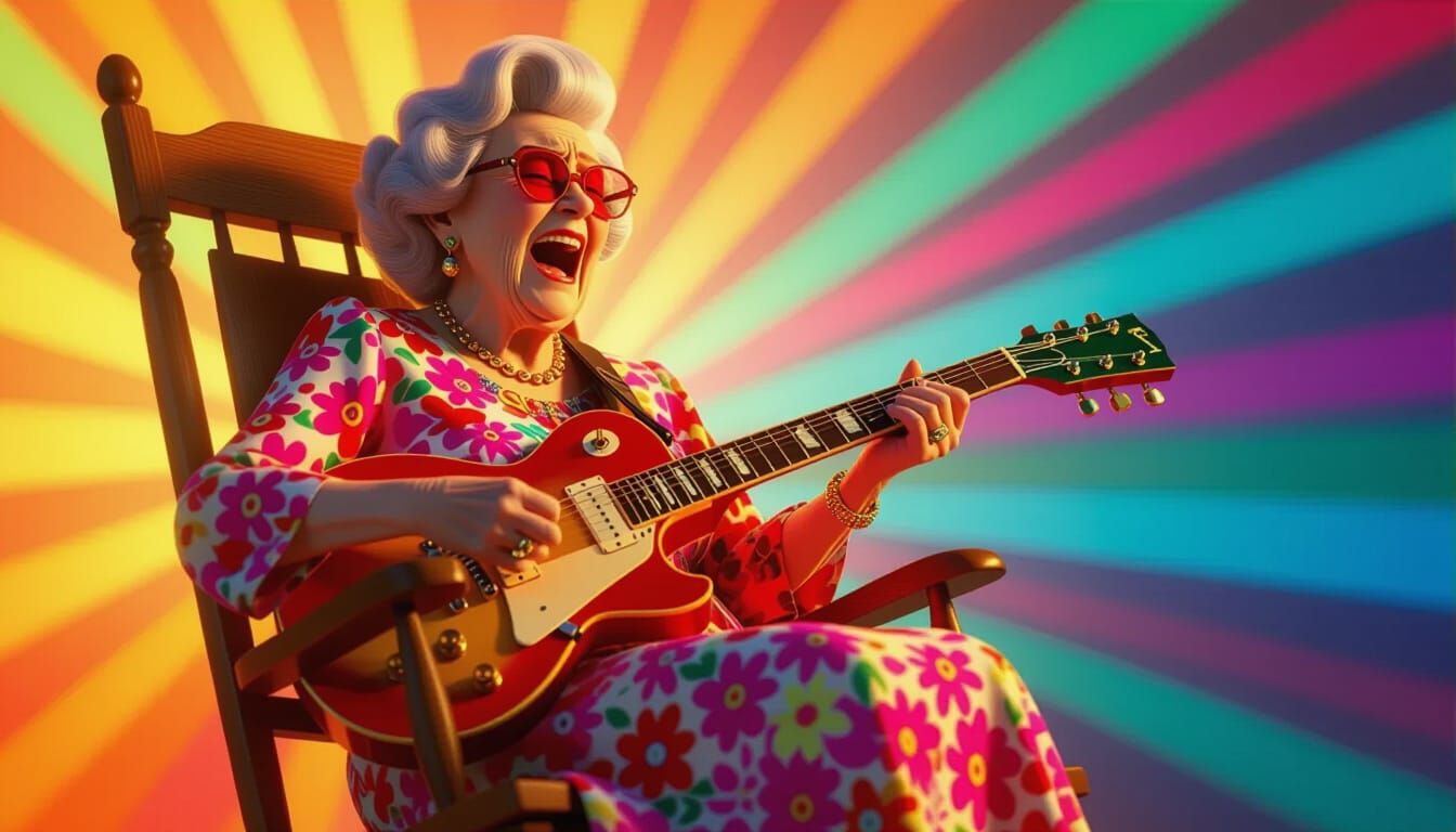 Grandma Rocks Out on Electric Guitar in Pixar Style