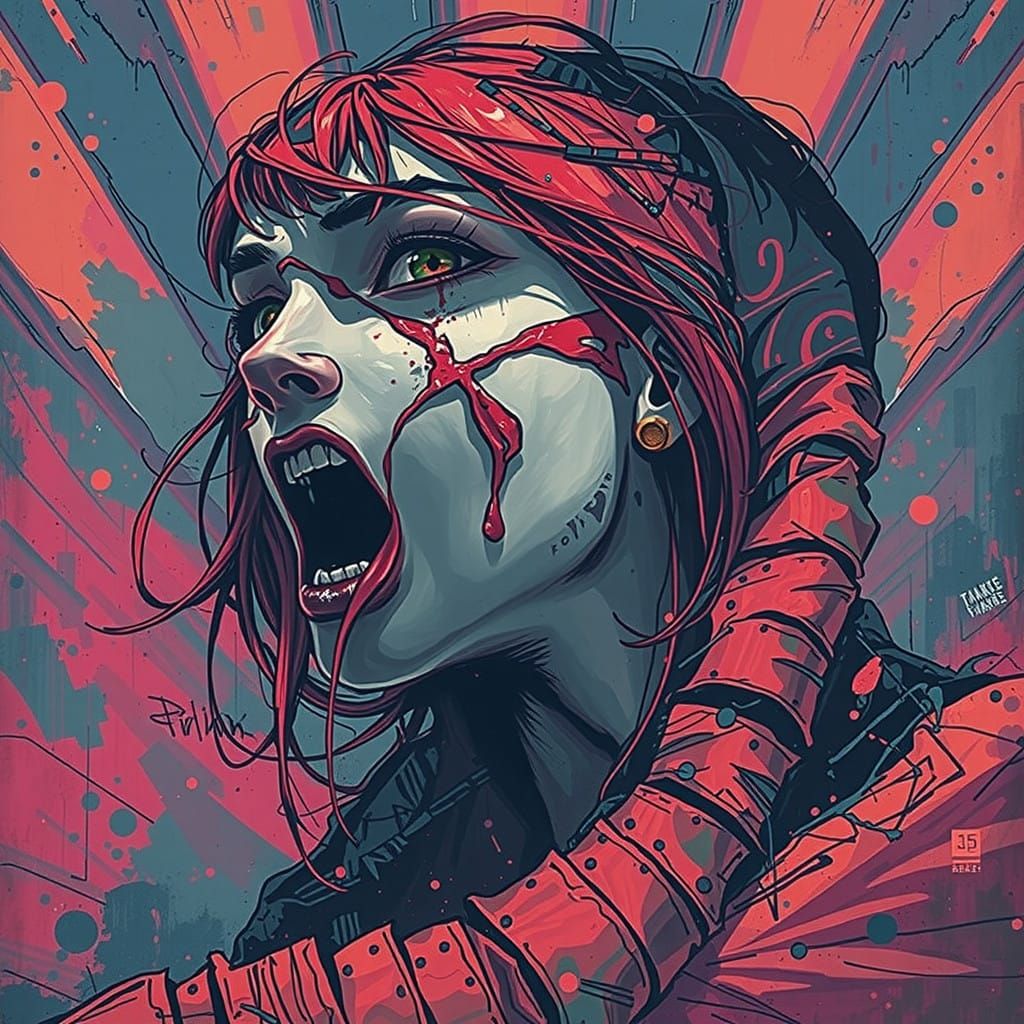 Surreal Oil Painting of a Ruby Red Haired Woman Lost in Emot...