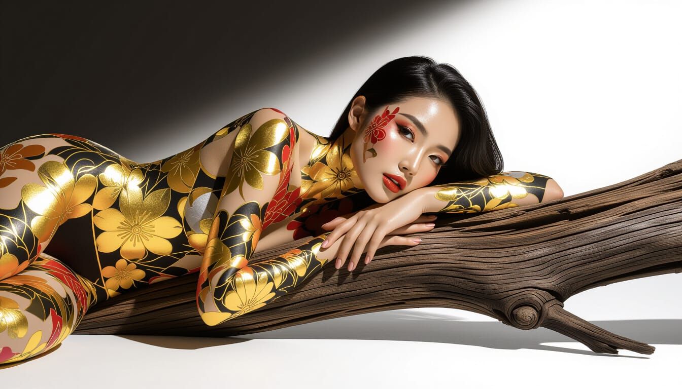 East Asian Woman with Floral Body Paint on Log