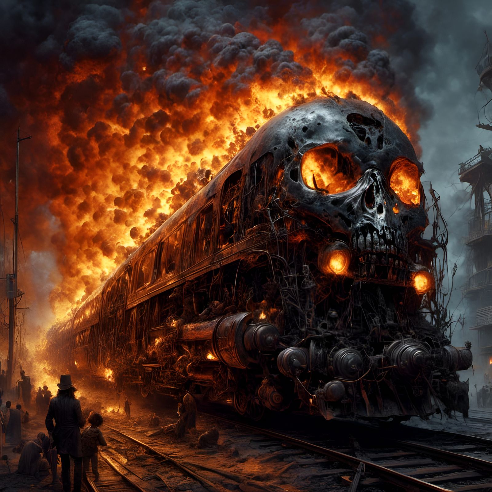 Hyperdetailed Steampunk Train Engulfed in Flames