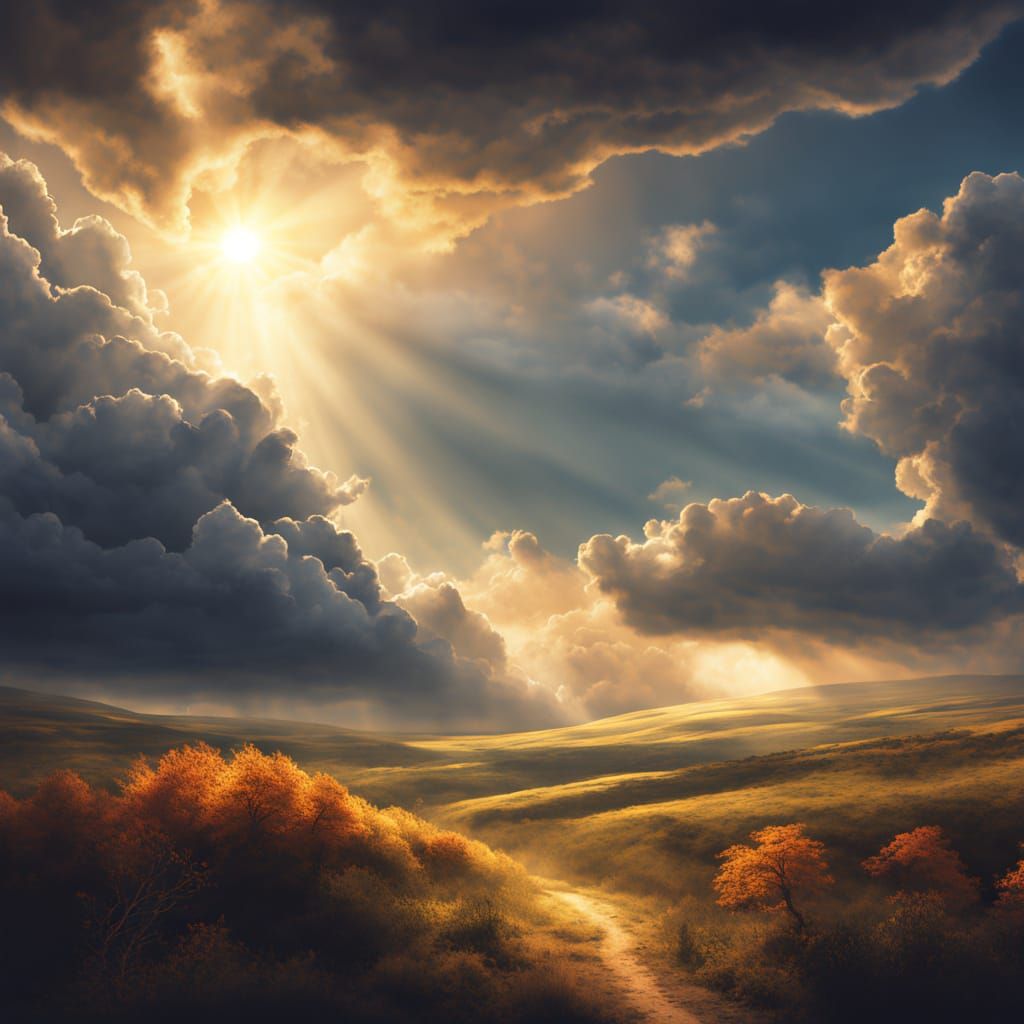 Surreal Landscape: Stormy Sky Meets Golden Hour Valley