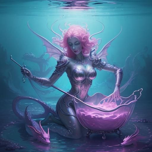 Glass Woman Statue in Dreamlike Milkbath Scene with Dragons